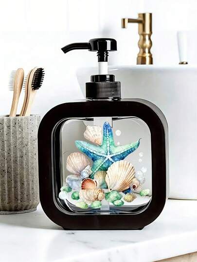 Creative Bathroom Dispenser Bottle With Manual Pump, Featuring Ocean Life Artistic Design Of Blue-Green Starfish, Seashells, Pebbles And Bubbles, Creating A Fresh Watercolor Aesthetic, Suitable For Bathroom, Kitchen, Sink Decor, Can Be Used To Dispense Hand Wash, Body Wash, Etc., Creative Hand Soap Bottle, Dispenser Bottle, Bathroom Accessory