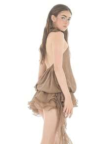 女士夏季性感沙滩度假法式浪漫无袖露背收腰短裙 - 卡其色 - 查看 4