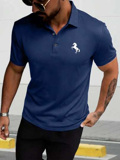 1pc Fashion Printed Short Sleeve Polo Shirt, Men's Summer Outdoor Sports Knit Sweater, Quick-Dry Breathable Fabric, Minimalist Solid Color Design, Suitable For Golf, Running, Vacation, Party