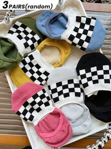 3/6双装女士船袜，经典格纹设计，春夏新品，针织面料，休闲百搭，适合日常穿着、居家、通勤、上学、约会、节日礼物 - 彩色 - 查看 13