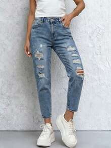 Ripped Mom Jeans, Non-Stretch, Women's Denim Pants, Boyfriend Style, Mom Fit, Casual Daily Wear, Ripped Pockets, Zipper Denim, Spring/Summer Daily - Blue - View 1