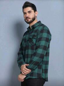 Men's Long-Sleeved Plaid Flannel Dress Shirt, Regular Fit, Buttons Down The Front, With Pocket. - 綠色 - 查看 2