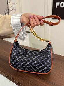 Korean Retro Crescent Moon Shaped Bag, Fashionable Casual Printed Shoulder Bag, Underarm Bag - Multicolor - View 5