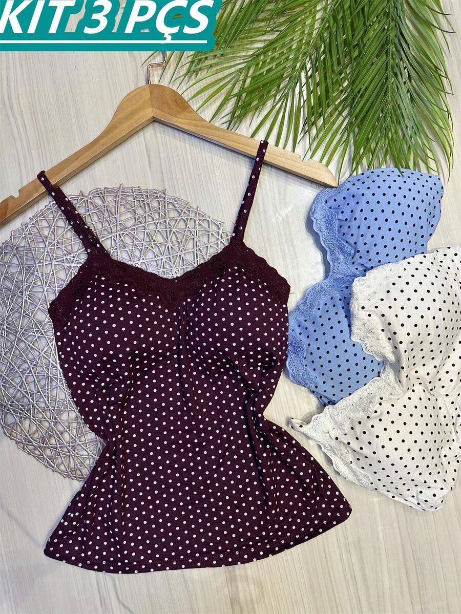 KIT 3  blusa bolinha regata com bojo tecido viscolycra bonito - Bordô + Azul Claro + Branco Sujo - Visão 1