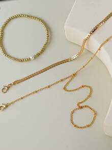 Set de 3 piezas de pulsera de cadena de dedo minimalista, cadena plana de serpiente y cuentas de CCB, adecuado para mujeres para uso diario, citas, fiestas, festivales de música y apilar - Amarillo Oro - Ver 2