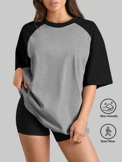 SUPEKYKO 大码撞色拼接插肩短袖T恤 - 运动休闲修身女款上衣