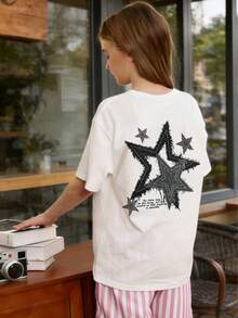 1 pieza Camiseta de manga corta con estampado de estrellas y flecos para niña preadolescente, blusa de verano para estudiantes y niños pequeños - Blanco - Ver 2