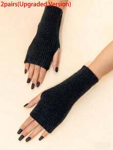 زوج واحد/زوجان من القفازات المحبوكة المرنة ذات اللون الأحادي البسيطة والدافئة - الأسود - مشاهدة 7