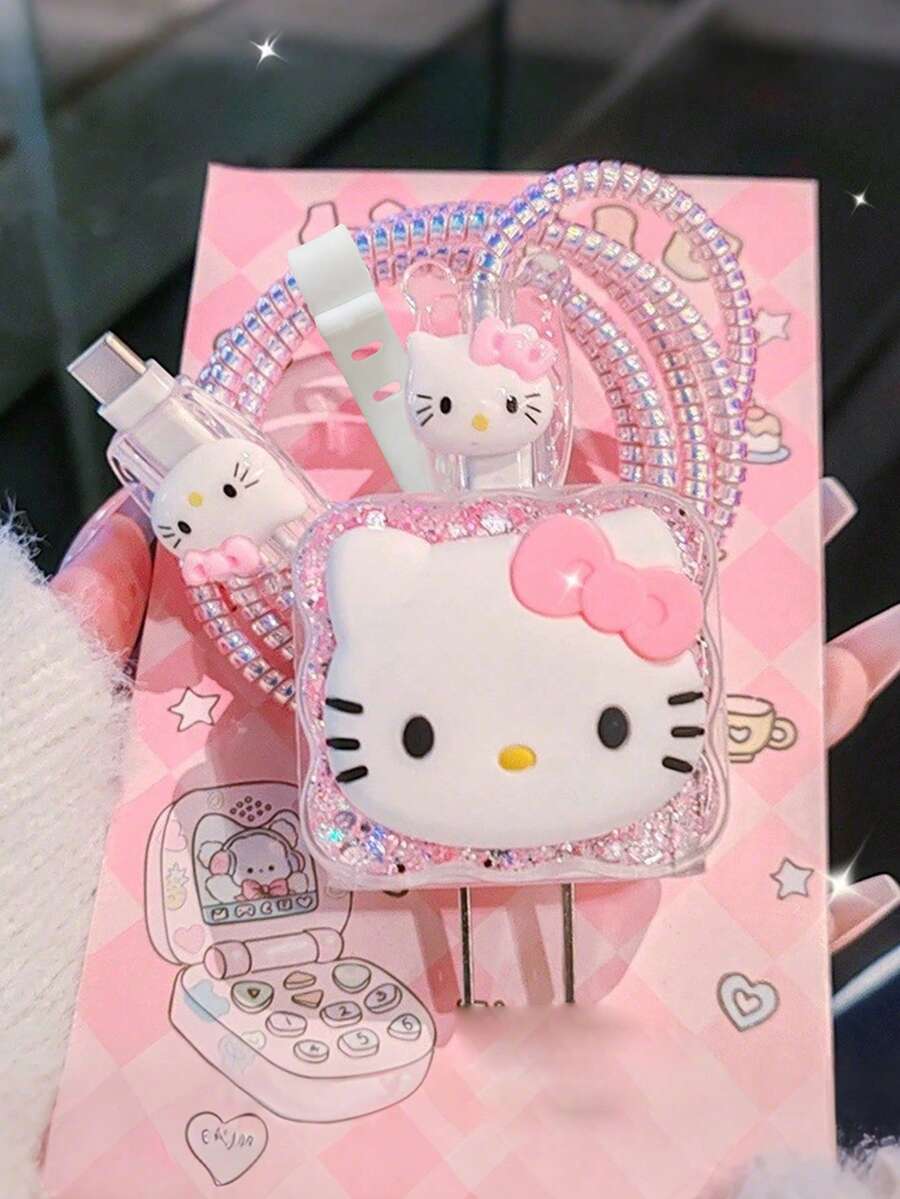 SANRIO Hello Kitty DIY Cable Protector, Data Cable Organizer, Marker To Prevent Mistaken Grab - High Quality, Compatible With IPhone 17 16 15 14 13 12 11, 20W Charger Adapter - Multicolor - View 1
