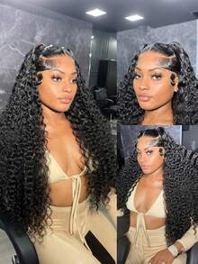 200%深波浪卷发假发，巴西发，13x4蕾丝前假发，真人发假发，自然外观，预先拔毛，180%密度，蓬松卷曲，完美适用于日常和派对造型，圣诞节装扮，新年派对假发，节日假发，节日风格 - SNatural - 查看 8