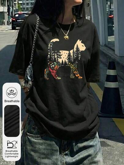 大码女式日常波西米亚风猫咪植物图案圆领短袖休闲夏季女式上衣，天然树木和野花图案女式黑色T恤