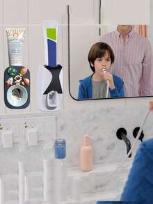 Set de 2 piezas Soporte automático de plástico para cepillos de dientes + Estante para cepillos de dientes, Soporte para cepillos de dientes de 5 ranuras montado en la pared sin agujeros, Adecuado para el baño del hogar - Multicolor - Ver 4