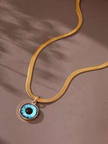 1pc Classic Stainless Steel Textured Gold-Tone Flat Chain Necklace With Round Blue Evil Eye Pendant - Yellow Gold - View 3
