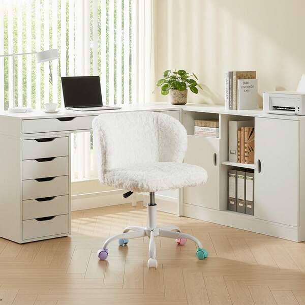 mikibama Cute Vantiy Desk Chair Comfy, Sherpa Makeup Vanty Chair With Back And Rolling Wheels For Bedroom Home Office,Adjustable High Gold Feet,Artificial Rabbit Hair