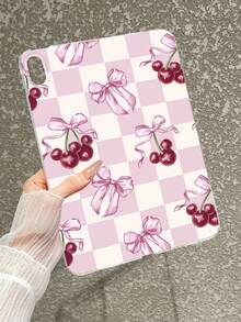 Aesthetic Style Pink & White Checkered, Bow & Cherry Pattern Transparent Tablet Case, Compatible With IPad A16, IPad 10.2 7th Gen 2019, IPad Pro 11-Inch 2020, IPad Air 5th Gen 2022, Suitable For 10th Gen IPad - Clear - View 7