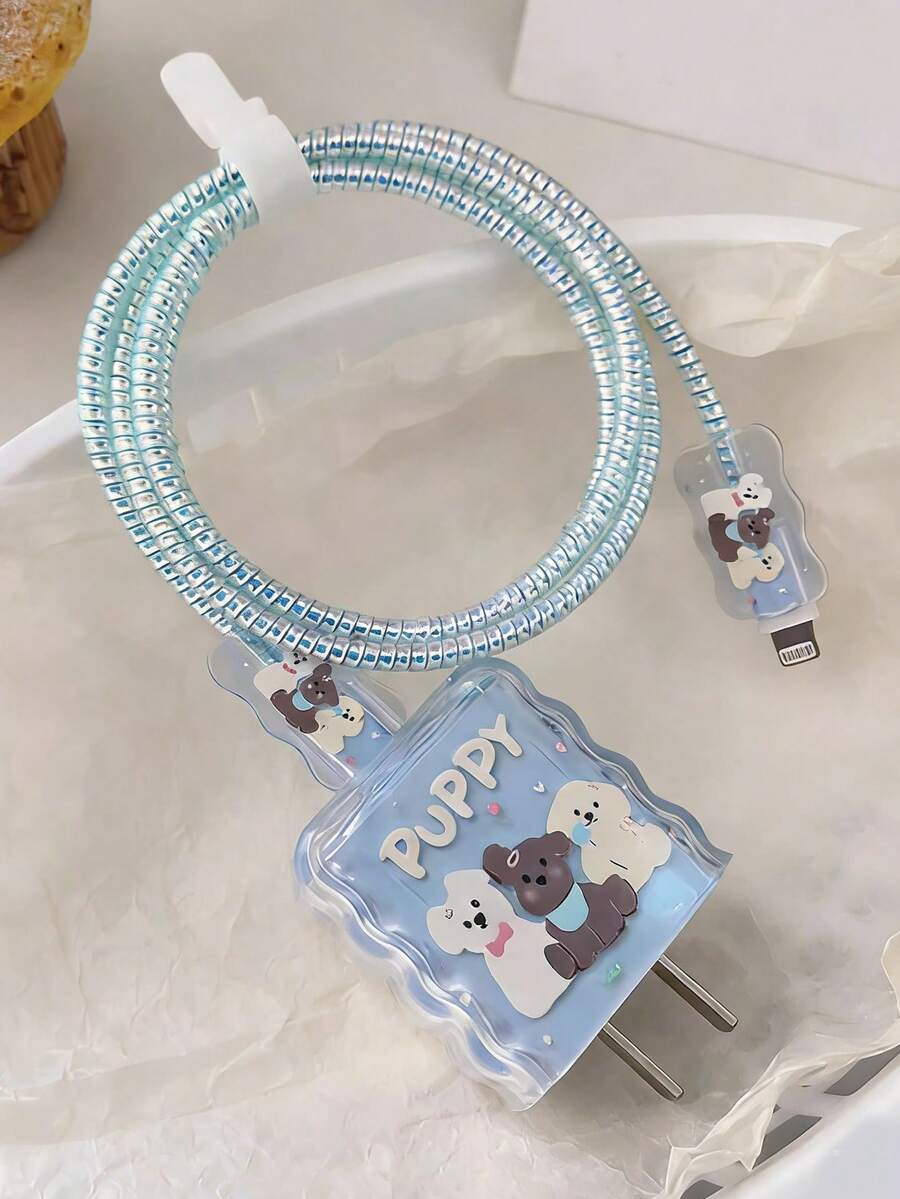 可爱卡通三只小狗蓝色充电器保护套 - 兼容 15/16/17 20W 充电器，防止数据线断裂，情人节礼物 - 淺藍色 - 查看 1