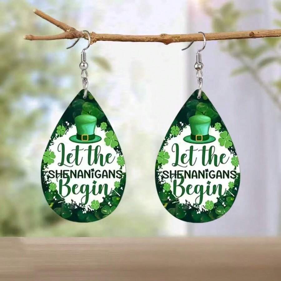 1 Đôi, Hãy Bắt Đầu Những Trò Vui! Bông tai da PU in hình mũ cỏ bốn lá màu xanh lá cây dành cho nữ, quà tặng lễ hội Ngày Thánh Patrick, in hai mặt, chất liệu giả da nhẹ, kiểu dáng thả dài, quà tặng cho các bữa tiệc ngày lễ. - màu xanh lá - Xem 1