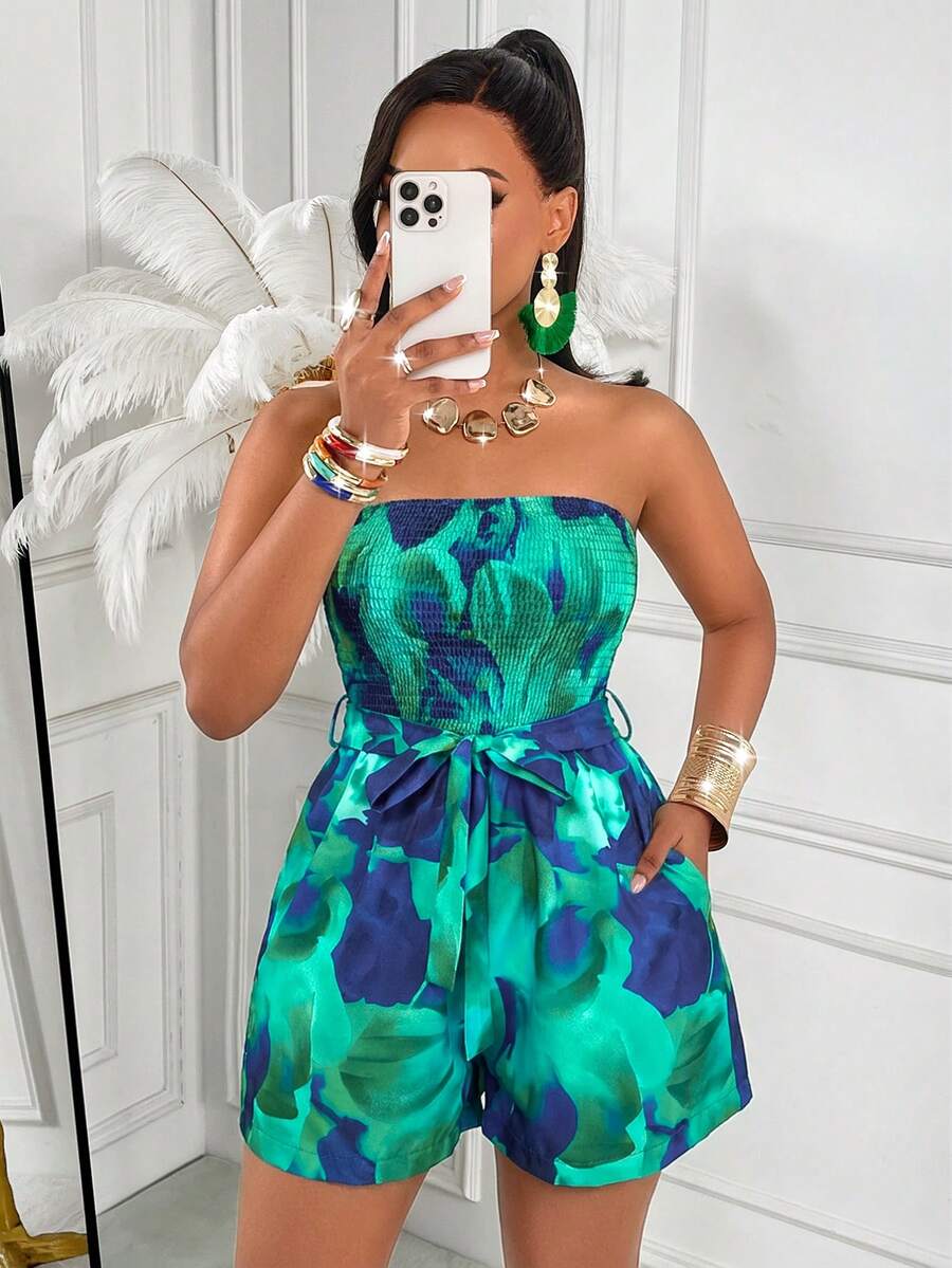 AIJ 性感优雅的花卉印花无肩带连体裤，适合女士夏季度假 - 藍綠色印花 - 查看 1