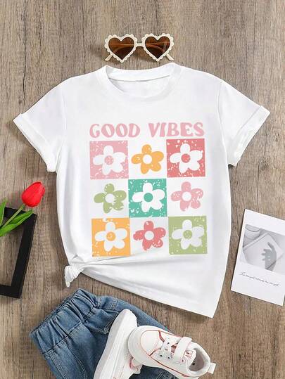 Girls' Casual Floral Print Round Neck Short Sleeve T-Shirt, Summer