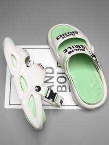 Herr sommarbokstävertryck halkfria casual tofflor, EVA snörning ihåliga andningsbara husstrandskor, unisex parmodeller - Vitt och grönt - Visa 6