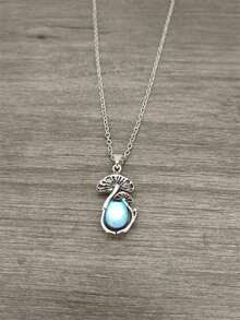 1件波西米亚风水滴形仿月光石蘑菇吊坠项链，适合女性日常、派对、旅行佩戴 - 銀色 - 查看 3