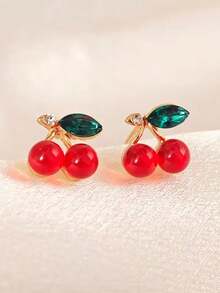 1 par de pendientes o clips para la oreja elegantes con cristales de cereza chapados en oro falso, adecuados para el uso diario o para citas - Multicolor - Ver 2