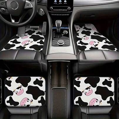 4pcs Cute Cow Print Car Floor Mats, Full Coverage Front & Rear Seats Design, Anti-Slip Backing, Soft Plush Cow Pattern, Fit For Sedan, Van, SUV