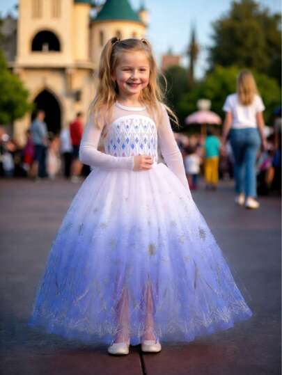 女童（小号）雪花图案优雅网纱连衣裙，新款正式礼服，休闲连衣裙，适合外出、朋友聚会、生日派对、返校、舞台表演及其他重要活动