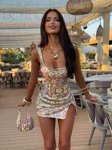 Women's Embroidered Sleeveless Square Neck Party Cocktail Mini Dress - Multicolor - View 4