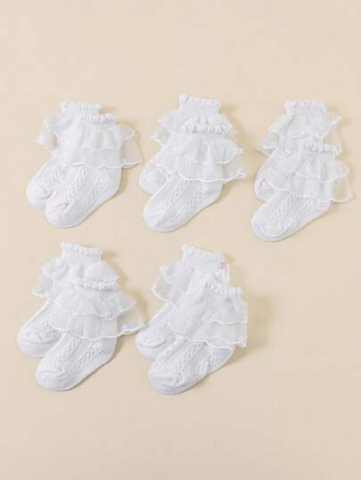 5 Pairs Spring/Summer Girls/Toddlers Lace Trim Princess Socks, Classic Retro Striped Design, Minimalist Versatile Breathable Mesh Socks, Comfortable White Dance Socks Suitable For Dance Performance, School, Vacation, Wedding