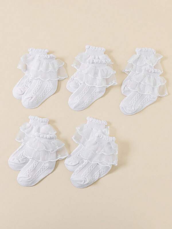 5 Pairs Spring/Summer Girls/Toddlers Lace Trim Princess Socks, Classic Retro Striped Design, Minimalist Versatile Breathable Mesh Socks, Comfortable White Dance Socks Suitable For Dance Performance, School, Vacation, Wedding