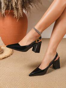 女鞋：简约尖头鞋，优雅度假风漆皮高跟鞋，黑色后系带凉鞋。包头鞋，适合夏季、毕业典礼、舞会、度假、春假等场合。 - 黑色 - 查看 2