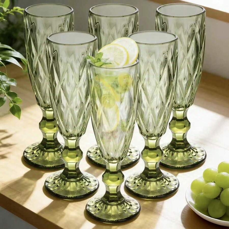 6-Piece Set Of Glass Champagne Flutes, Embossed Vintage Stemware, Suitable For Wine, Beer, Cocktails, Whiskey, And Juice, Christmas Wine Glass Gift Set, Perfect For Halloween, Birthday Parties, Wedding Decorations, Offices, Homes, And More, 5 Oz/150 Ml - màu xanh lá - Xem 1
