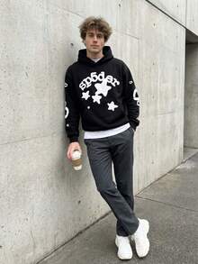 1pcs-Spider Wed Fashion Hip-Hop Printed Flower Hooide European And American Brand Large-Sized Loose Men's And Women's Hooded-280g Pure Heavy 100%Polyester - Black - View 4