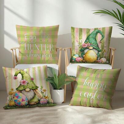 4pcs Spring Easter Vintage Gnome Holding Eggs Pillow Cover Set, Single-Sided Printed Peach Velvet Polyester, 45*45CM/18*18inch Cushion Cover For Room Decor, Modern Minimalist Sofa Living Room Decoration, Gift, Party Decor