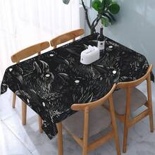 1pc Raven Pattern Tablecloth - Black & White Polyester,Machine Made Farmhouse Decor For Home & Party, Rectangular Cover With Stylish Raven Design, Party Table Cover | Raven Motif | Texture, Table Decorations - Bản in 1 - Xem 1