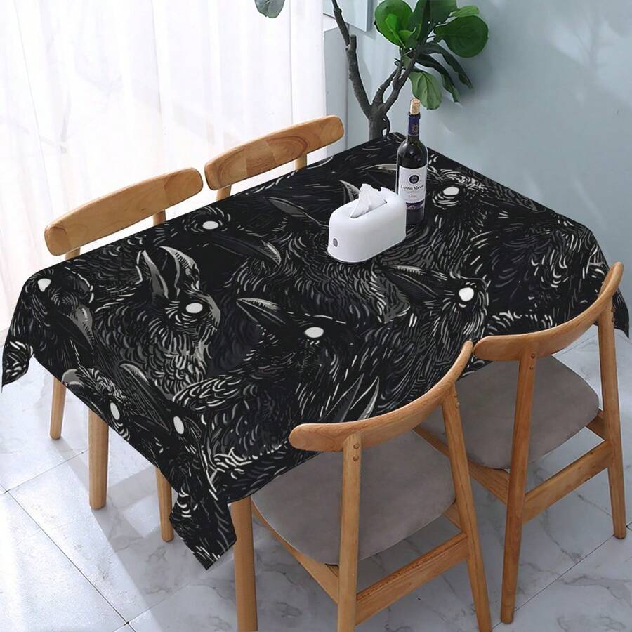 1pc Raven Pattern Tablecloth - Black & White Polyester,Machine Made Farmhouse Decor For Home & Party, Rectangular Cover With Stylish Raven Design, Party Table Cover | Raven Motif | Texture, Table Decorations - Bản in 1 - Xem 1