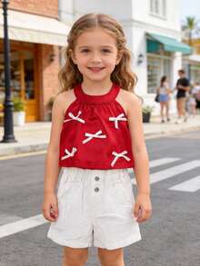 2pcs/Set Toddler Girls' Outdoor & Daily Gathering Lively & Sweet Bow Ribbon Decor Sleeveless Satin Halter Top And Casual Simple Button Rolled Hem Comfortable High Waist Floral White Denim Shorts Set - Multicolor - View 3