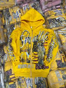 Men's Sweater Y2K Hip Hop Streetwear Free Muse Print Vintage Alphabet Hooded Cardigan Print Loose Sport Sweater - Màu vàng - Xem 2
