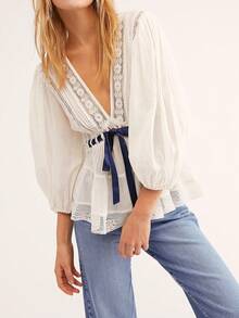 Women Bow Tie Front Lace Tops White Ruffle Trim Low Cut V-Neck  Blouse Y2k Sheer Lantern Sleeves  Button Tshirts Elegant Boho Women Clothing - 白色 - 查看 2