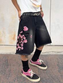 1件男士刺绣做旧牛仔短裤，美式休闲宽松毛边百慕大短裤（产品不含腰带和配饰） - 黑色 - 查看 5