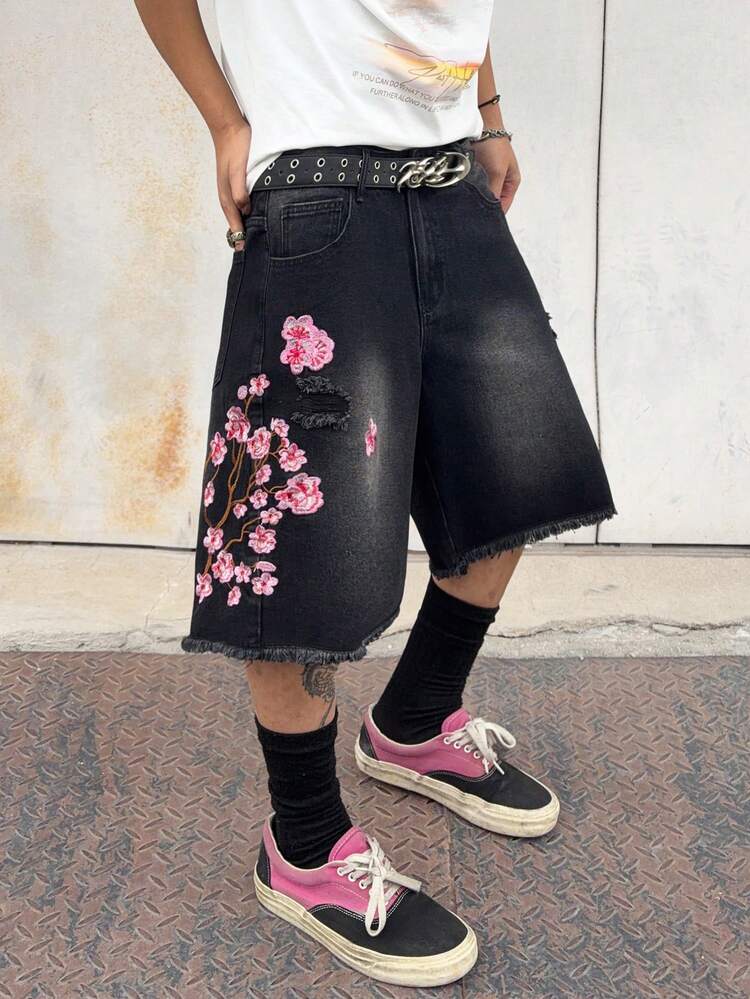 1pc Men's Embroidered Distressed Denim Shorts, American Casual Loose Fit Frayed Hem Bermuda Shorts (Product Does Not Include Belt And Accessories) - Black - View 5