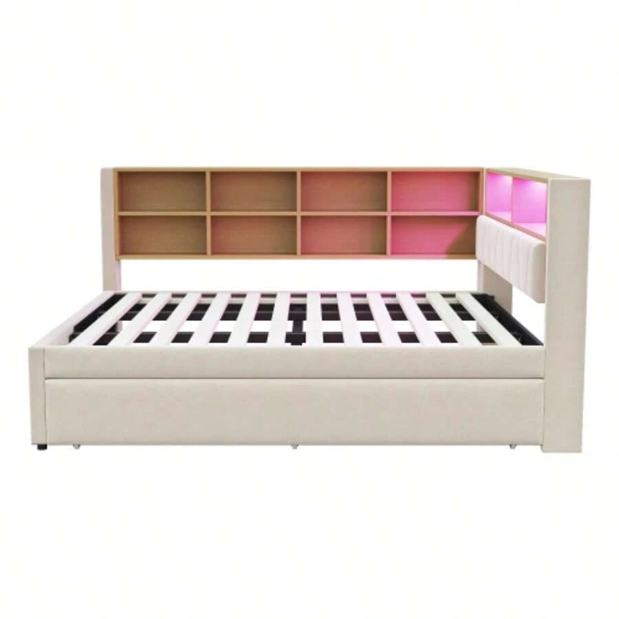Sofa Bed 140*200, Pull-Out Bed 90*190 With USB Socket And Many Storage Compartments, Upholstered Bed, Multifunctional Sofa Bed, Single Bed, Beige. - Beige - View 1