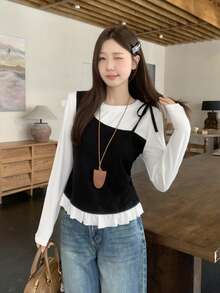 二合一圆领荷叶边修身系腰长袖T恤打底衫 - 白色 - 查看 5