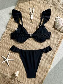 Swmmer Liket Ruffle Trim Underwire Bikini Set Summer - 黑色 - 查看 2