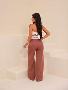 Women's Tailored Wide Leg Pants With Pockets And Zipper - Rust Brown - View 2