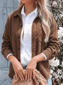 大码女式灯芯绒休闲长袖衬衫外套，适合夏季/春季穿着 - 棕色 - 查看 3