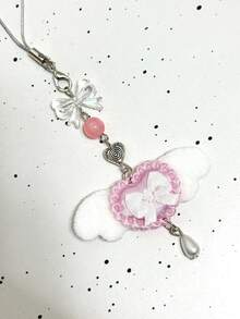 1件可爱粉色绒球项链，毛绒天使翅膀蝴蝶结洛丽塔手机挂饰，包包吊坠，ins风 - 白色 - 查看 3