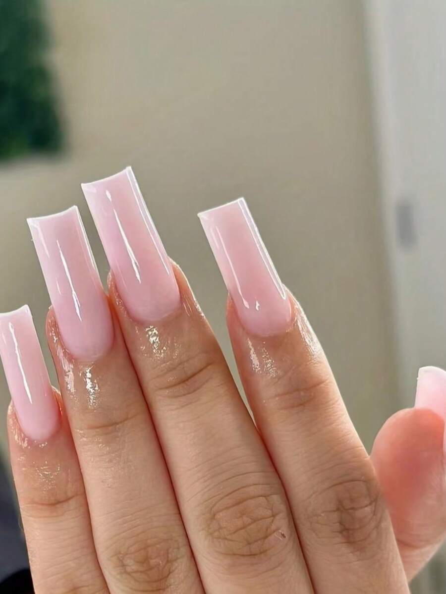 Bộ 24 móng giả kiểu Pháp hình vuông tối giản, màu trơn thanh lịch, thích hợp cho các bữa tiệc, hẹn hò và sử dụng hàng ngày. - Hồng - Xem 1