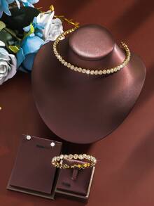 4件套单排水钻项链、耳环、手链首饰套装，时尚新娘婚礼派对礼服配饰